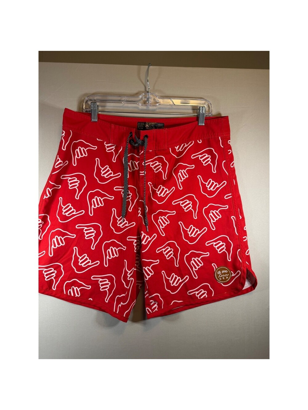 Of One Sea Mens Red Shaka Print Board Shorts Recycled Ocean Plastic Size 34